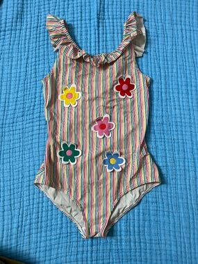 Mini Boden Floral Appliqué Stripe Ruffle One Piece Girls swimsuit size 11/12